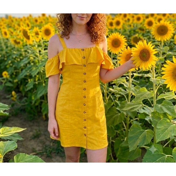 Forever 21 Dresses & Skirts - Forever 21 Mustard Yellow 100% Linen Cold Shoulder Ruffle Mini Dress Medium